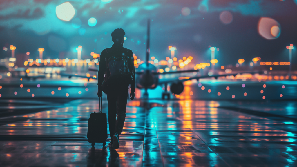A creative depiction of a traveler walking on the runway in front of a parked airplane for dramatic emphasis.