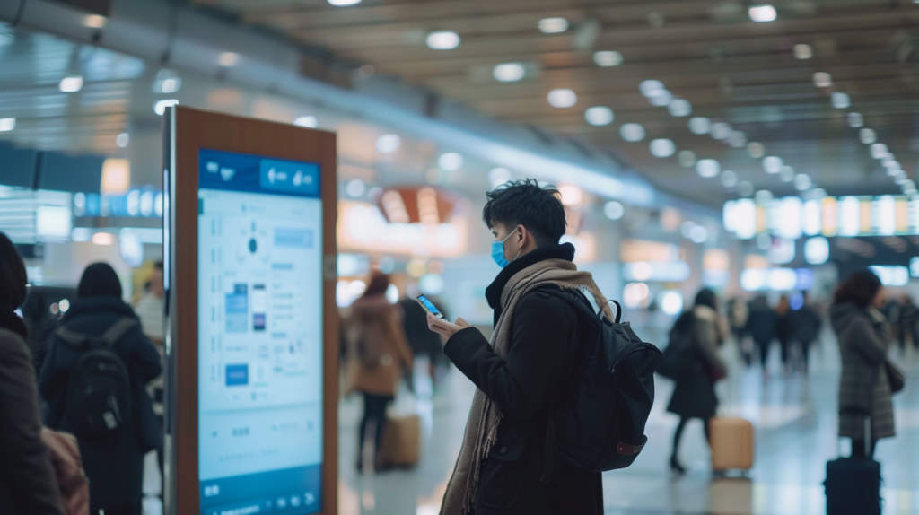 A traveler receiving real-time boarding updates via an AI chatbot while walking through a busy terminal, highlighting AI in the travel industry.