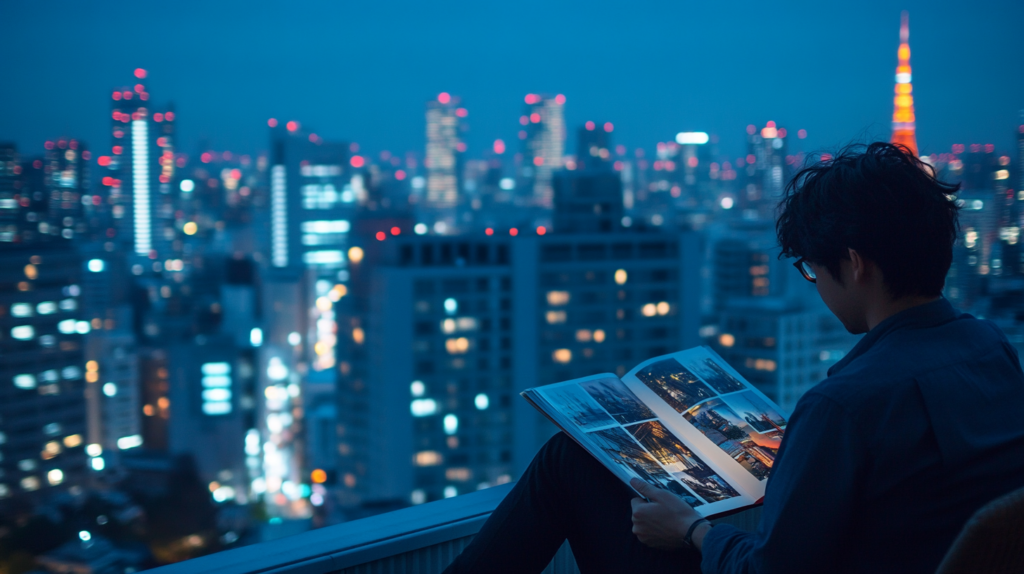 A traveler sits on a balcony at night, flipping through an AI-crafted photo book, with the illuminated cityscape of Tokyo in the background, creating a cozy and reflective atmosphere.