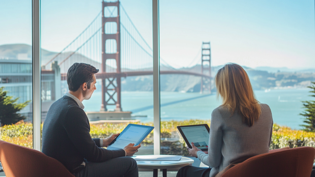 A minimalist office setting with a travel advisor and a traveler planning a trip using AI, with the Golden Gate Bridge in the background, visualizing Travel AI.