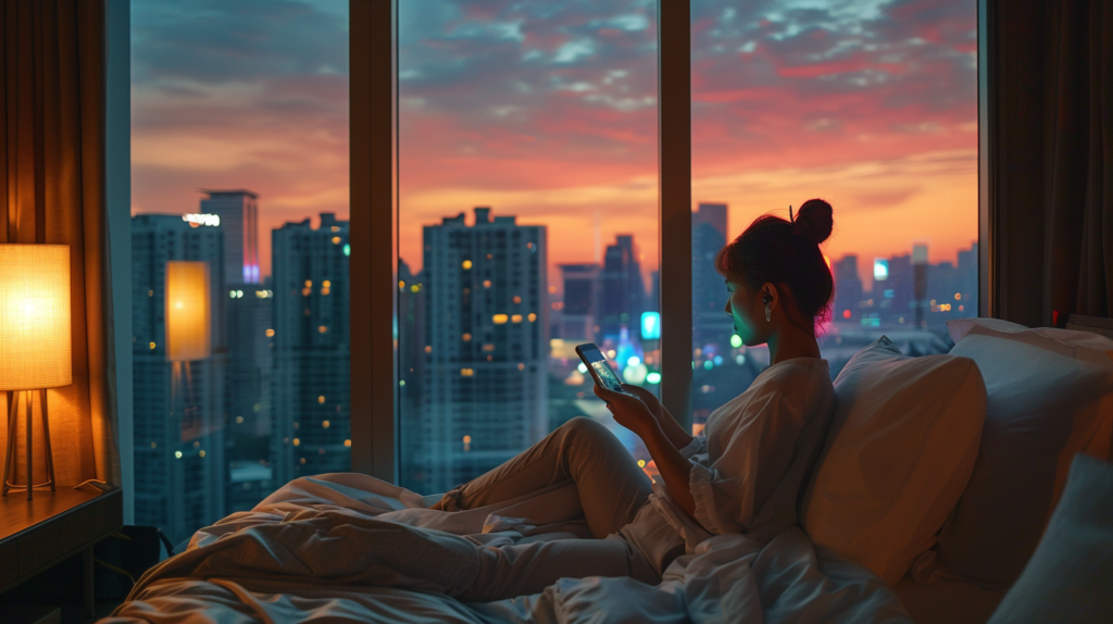 A traveler using voice commands to book flights and hotels in a modern hotel room, symbolizing the convenience of voice-activated booking with NLP.
