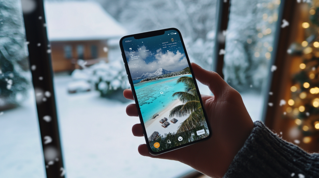 A person holding a smartphone indoors during winter, with a snowy landscape visible outside. The phone screen displays an AI-powered travel booking app, showing a tropical beach destination with clear turquoise waters and palm trees, contrasting the cold winter setting. The image highlights predictive booking AI technology for warm getaways