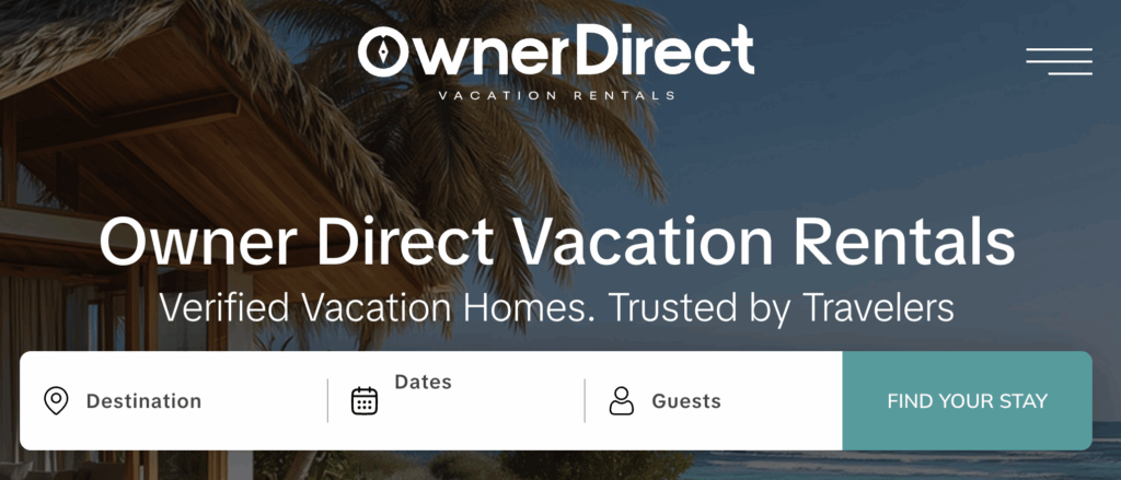 Owner Direct Vacation Rentals desktop homepage featuring a beachfront property with palm trees and vacation rental search bar