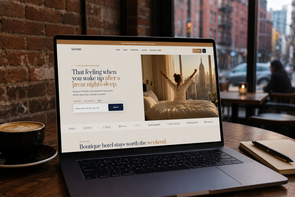 Sonder.com homepage on a laptop showing TravelAI's relaunched curated guide to boutique hotels and urban apartment stays.