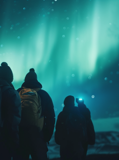 A group of tourists admiring the Northern Lights in Iceland.