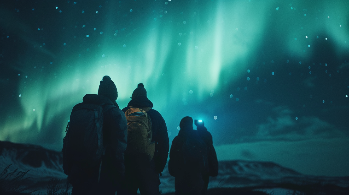 A group of tourists admiring the Northern Lights in Iceland.