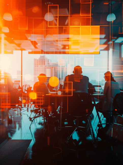 A creative depiction of a conference room with a tech-inspired vector background.