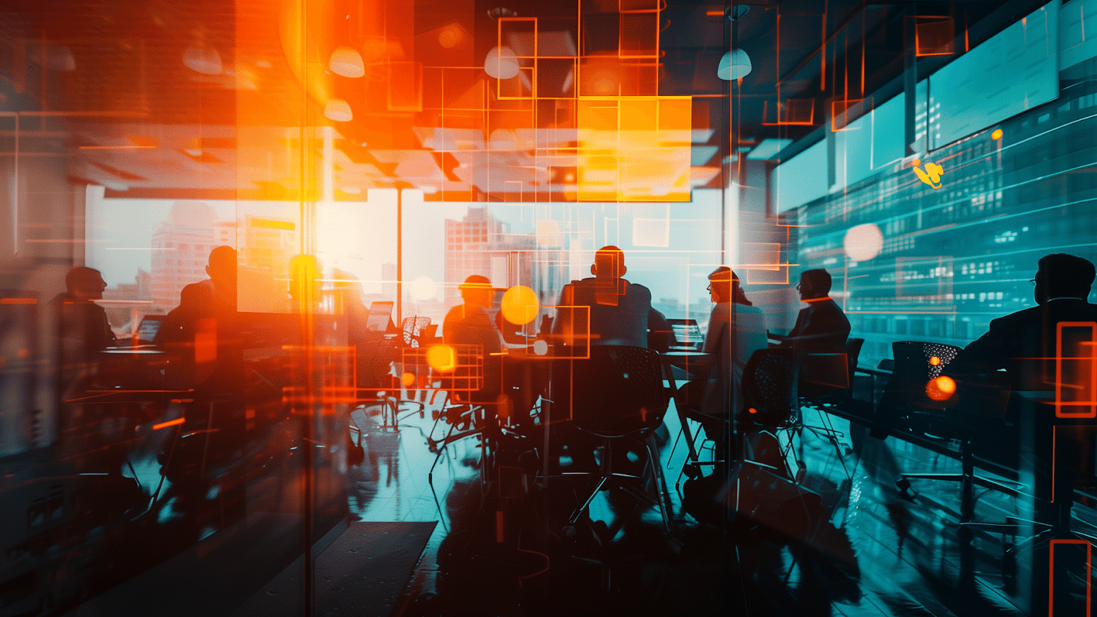 A creative depiction of a conference room with a tech-inspired vector background.
