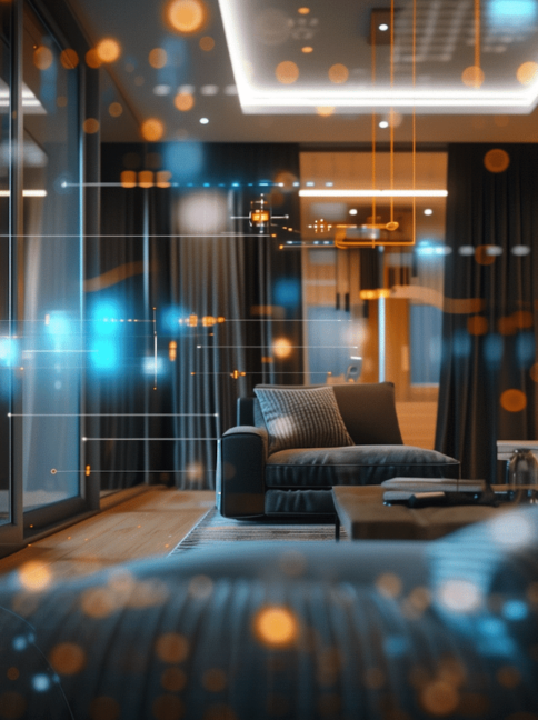 A creative depiction of a posh hotel room with a hologram-like viewpoint to emphasize the application of AI in hotels.