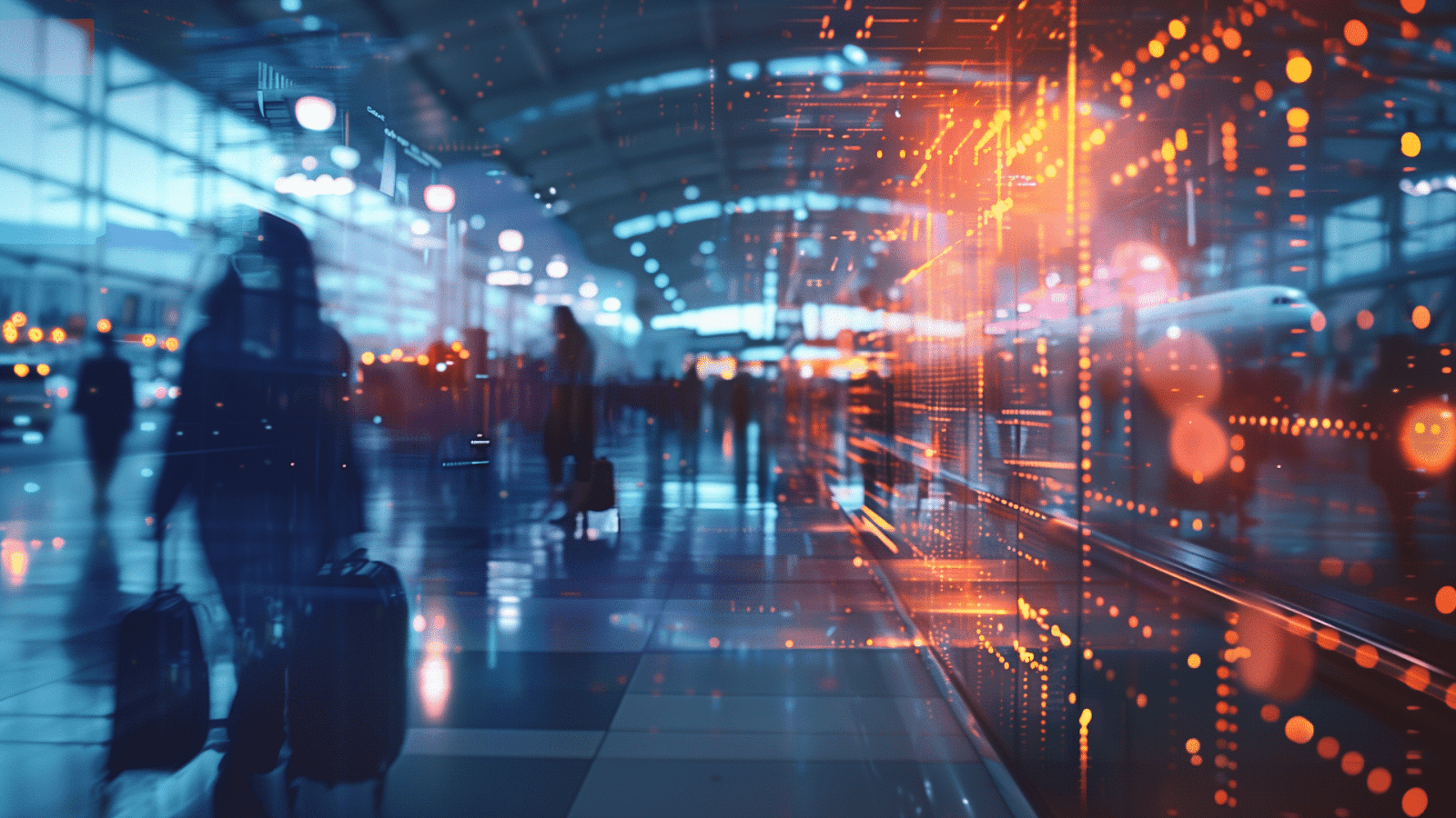 Creative depiction of travelers in an airport merged with a high-tech vector image to represent AI in travel