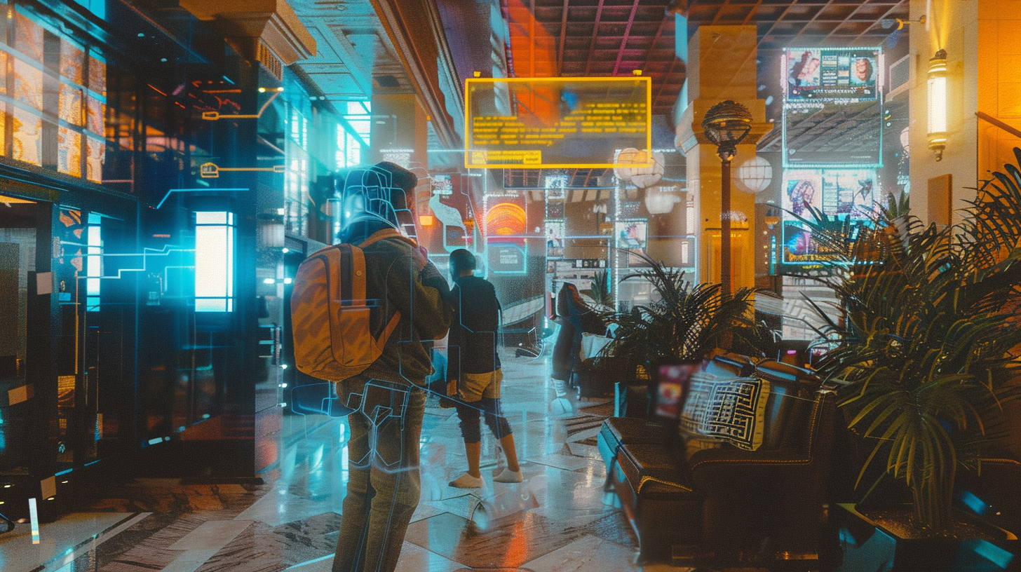 AI Travel Agent assisting a backpacker in a hotel lobby setting.