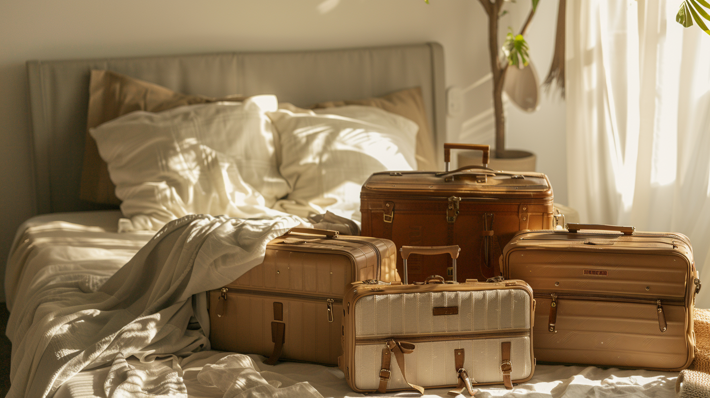 luggages arranged on a hotel bed prior to checking out.