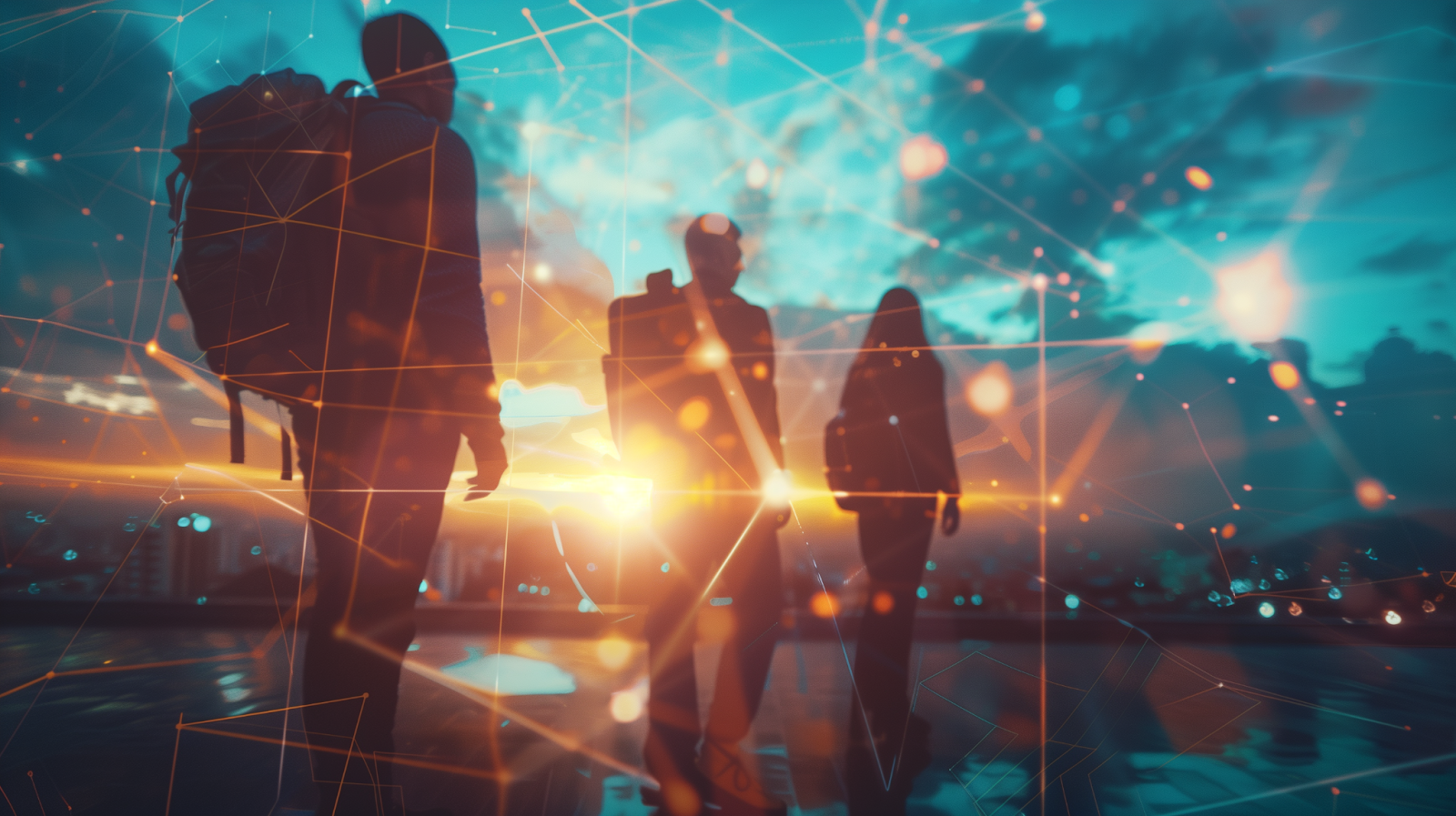Creative depiction of travelers navigating through their destination with a high-tech vector image to represent challenges of trip planning.