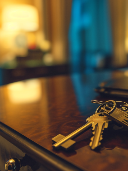 Hotel keys on a bedside table of a well-appointed room.