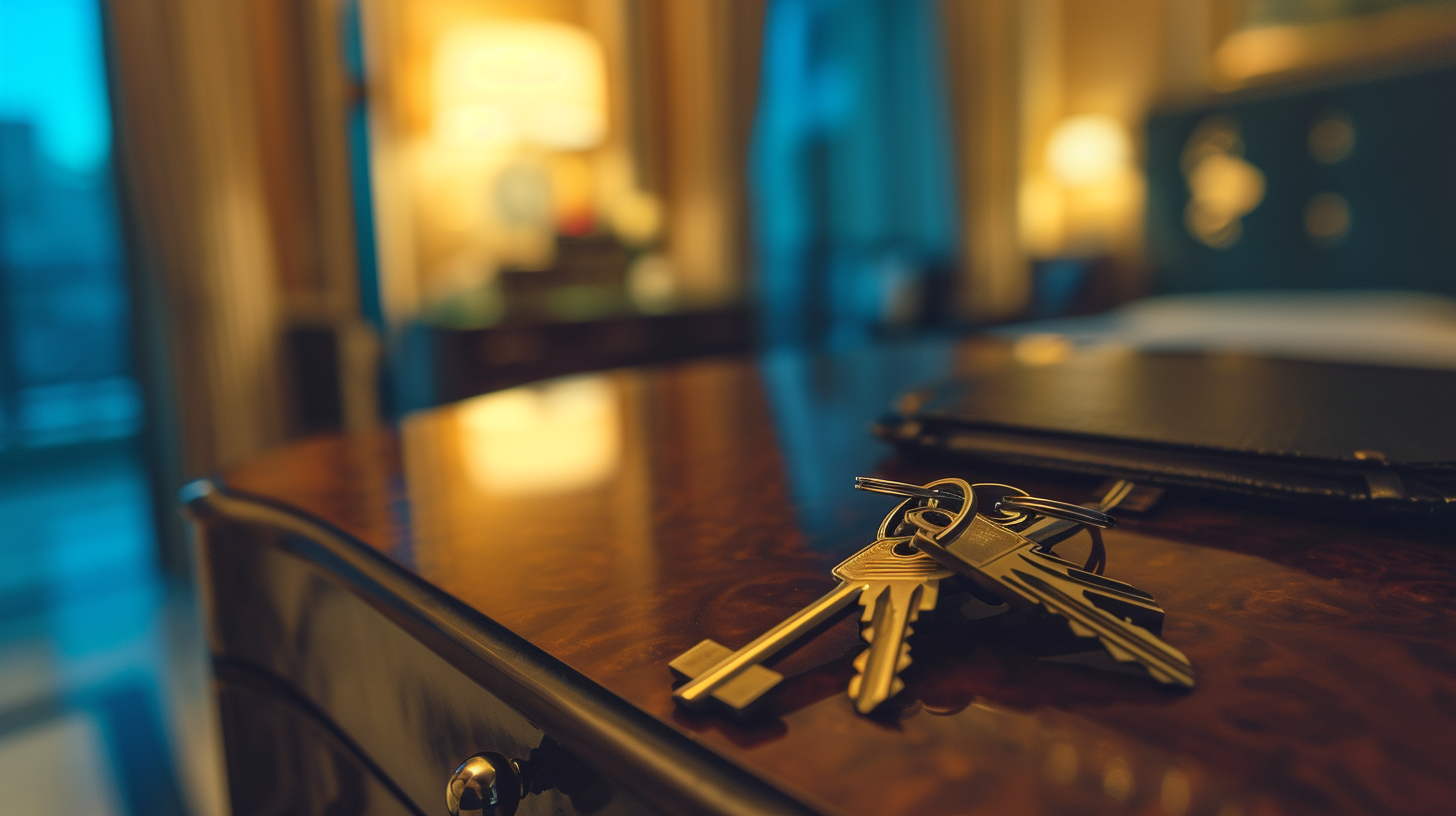 Hotel keys on a bedside table of a well-appointed room.