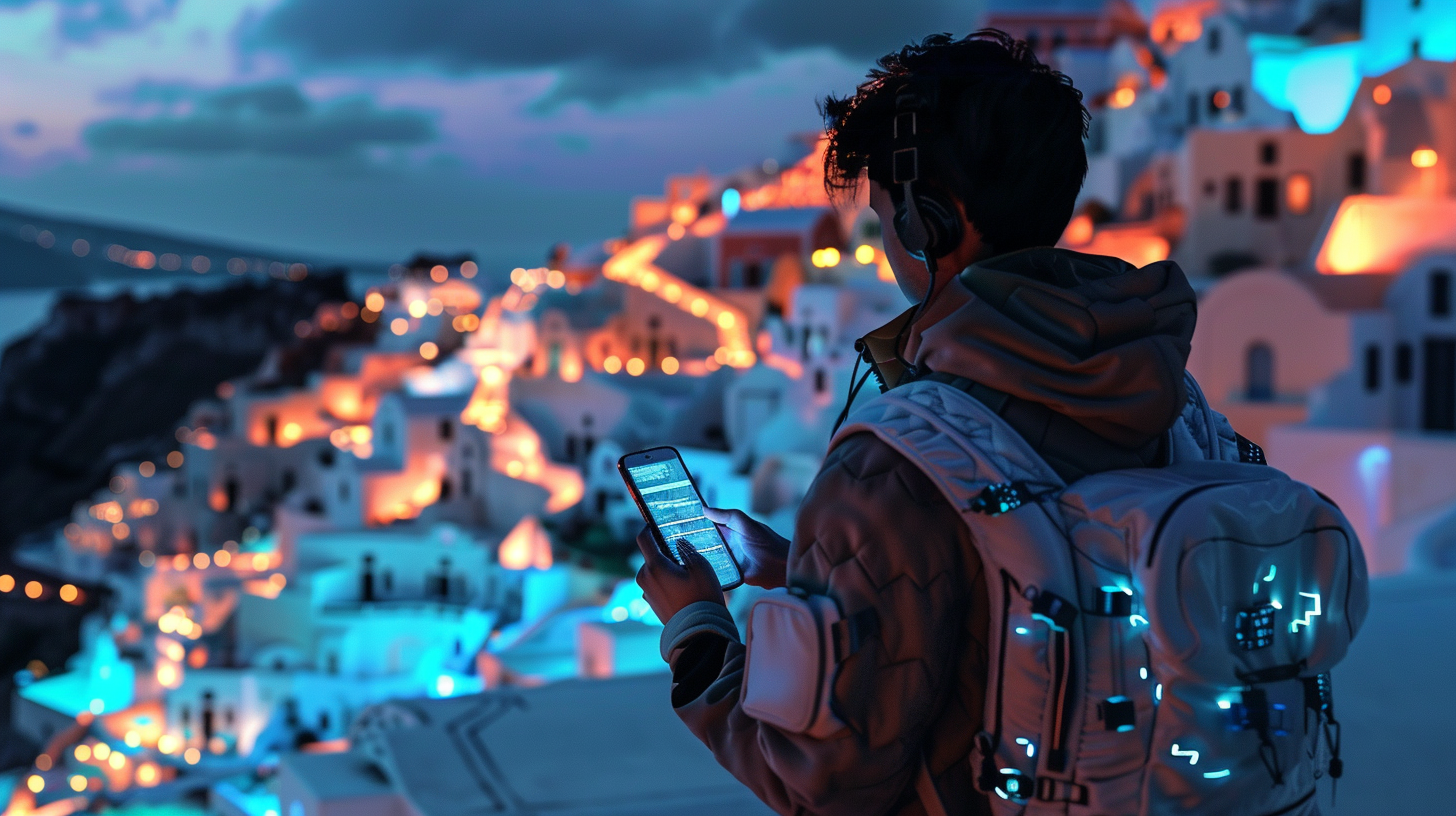 A backpacker on his mobile phone for travel data in Santorini, Greece