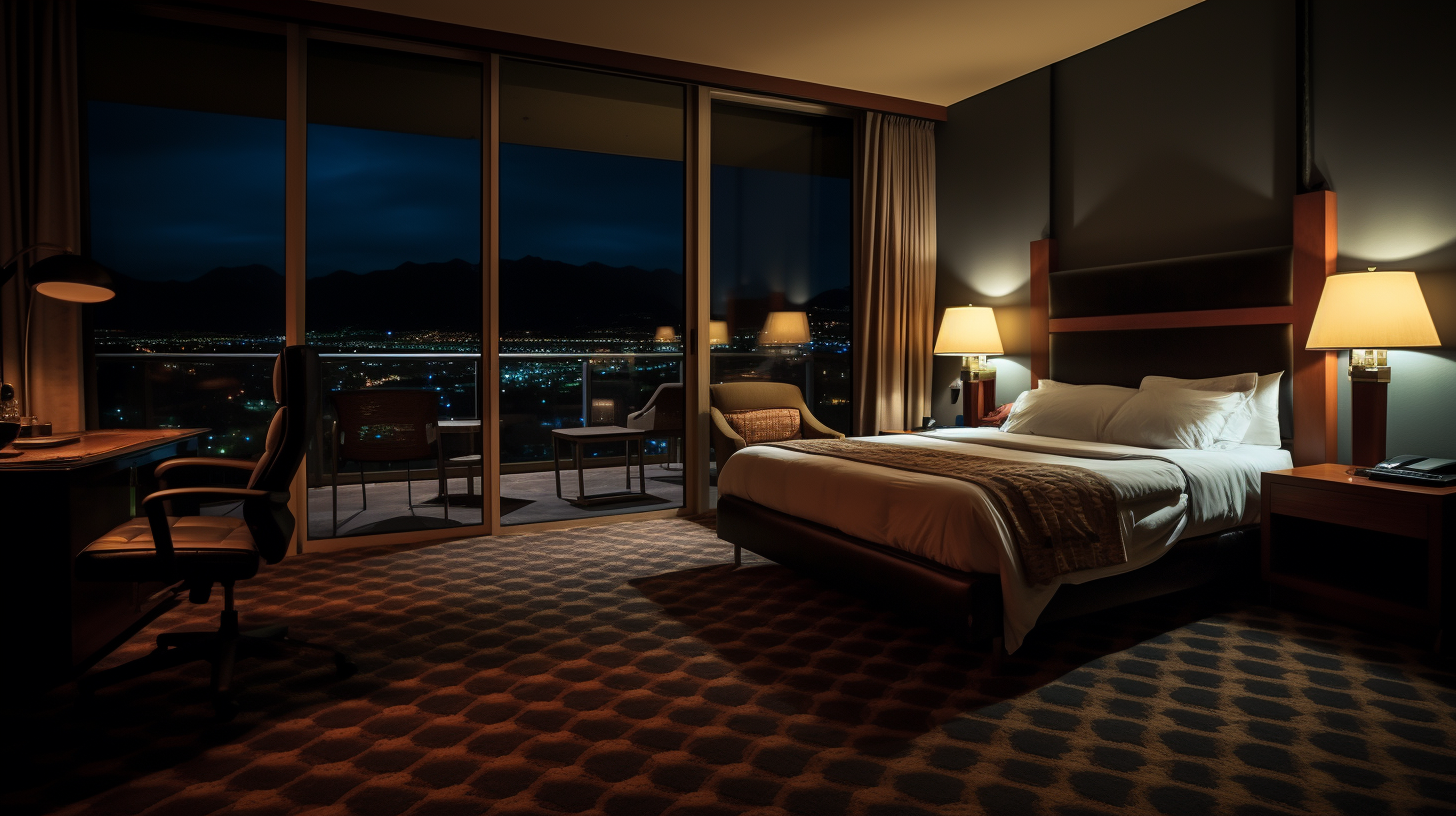 A well-appointed hotel room at night