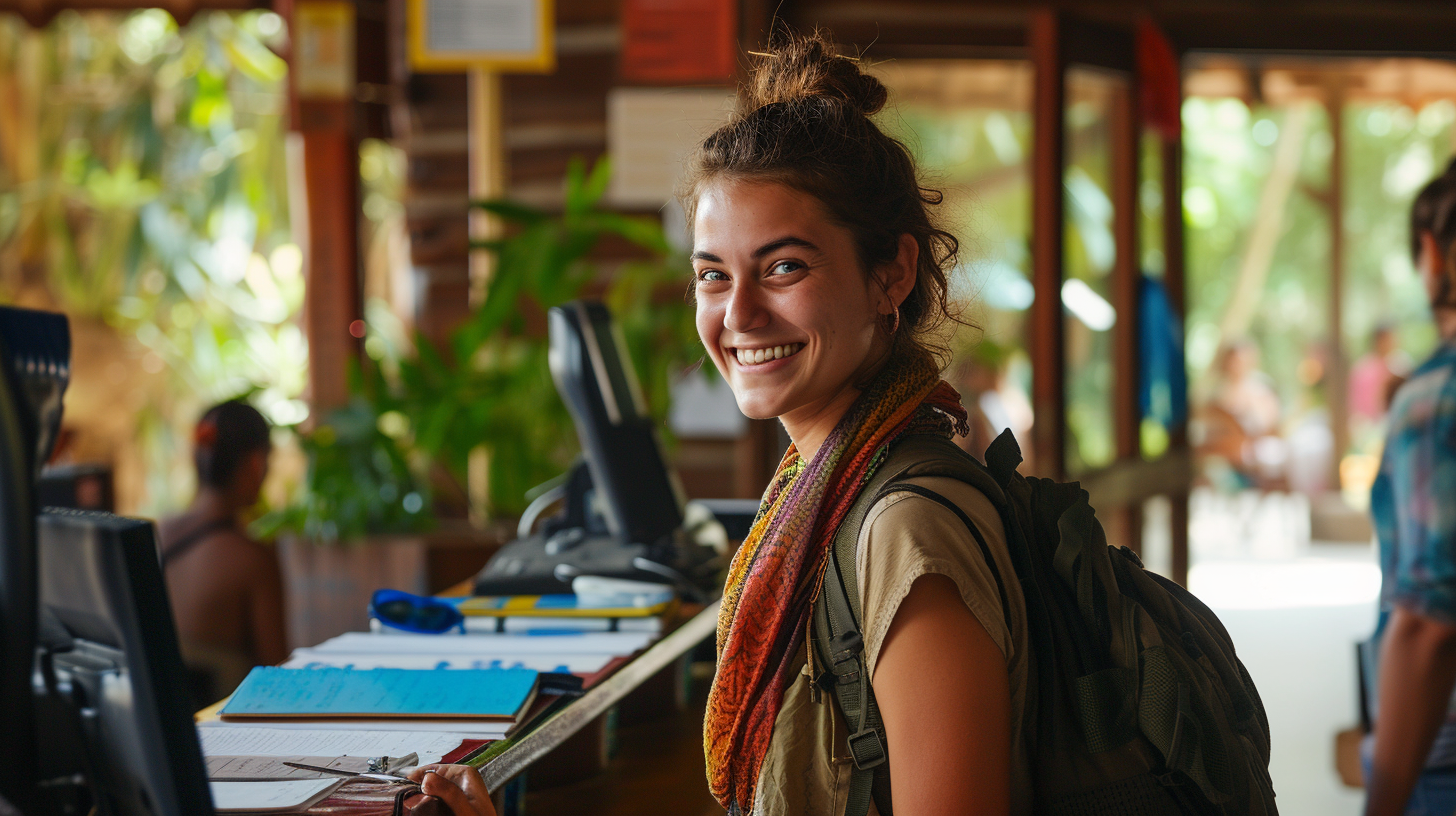 a backpacker checking in at the concierge of an eco-lodge in Kadapa, India.