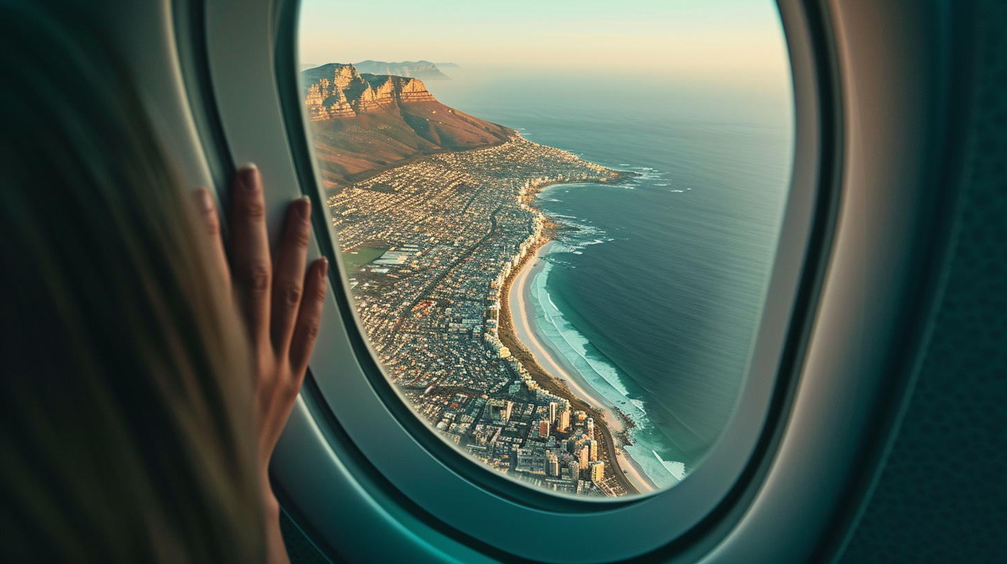 An airline passenger peeking through the window of a plane.