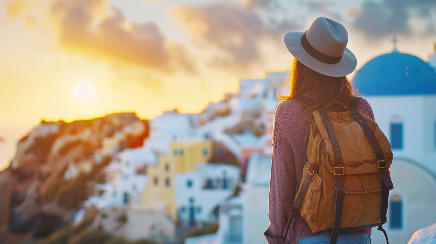 A lady tourist taking in the views of Santorini in Greece.