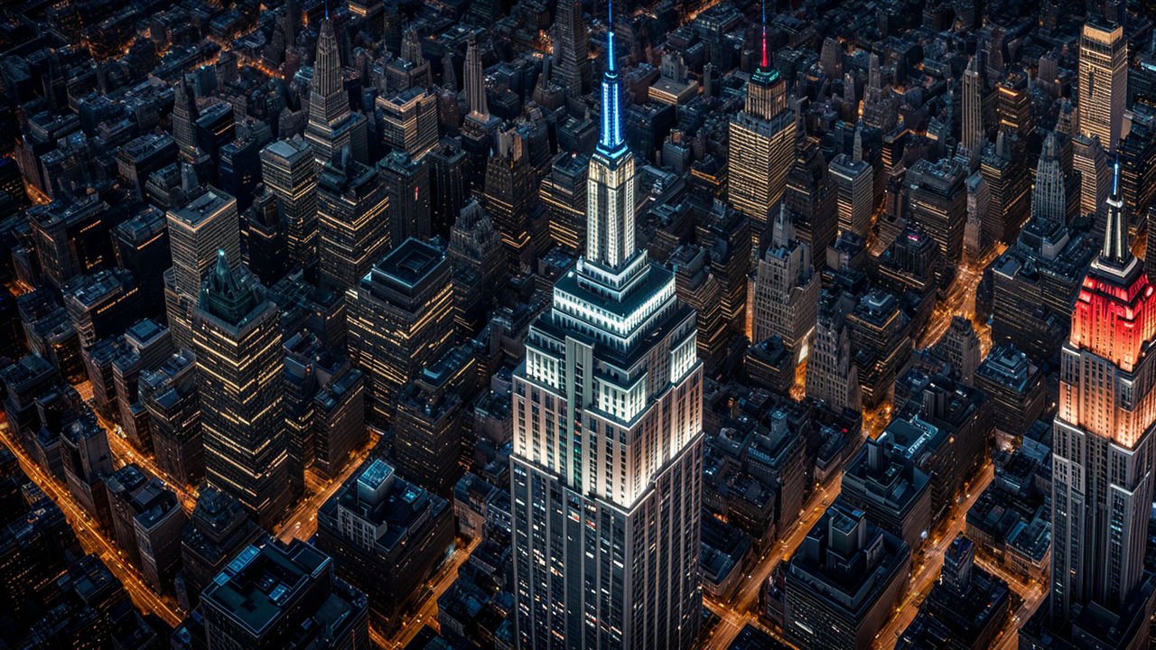 The Empire State building rendered in cyberpunk theme at night.