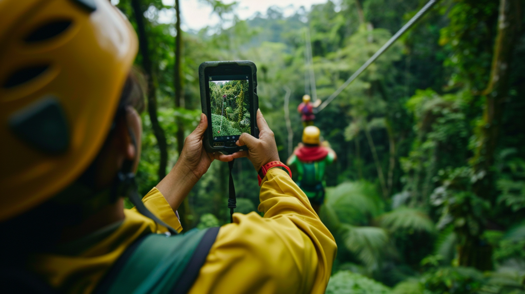 A family ziplining in Costa Rica, checking real-time AI trip planner adjustments on their phone, showcasing the adaptability of recommendations for trips using AI in adventurous settings.