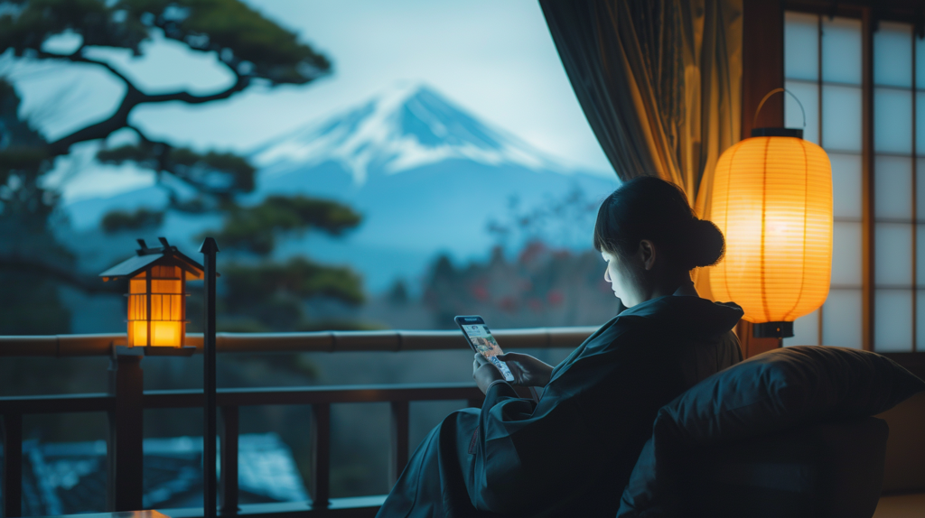 A solo traveler in a Japanese ryokan reviews AI-driven cultural recommendations, reflecting how AI trip planners offer personalized cultural experiences in serene environments.