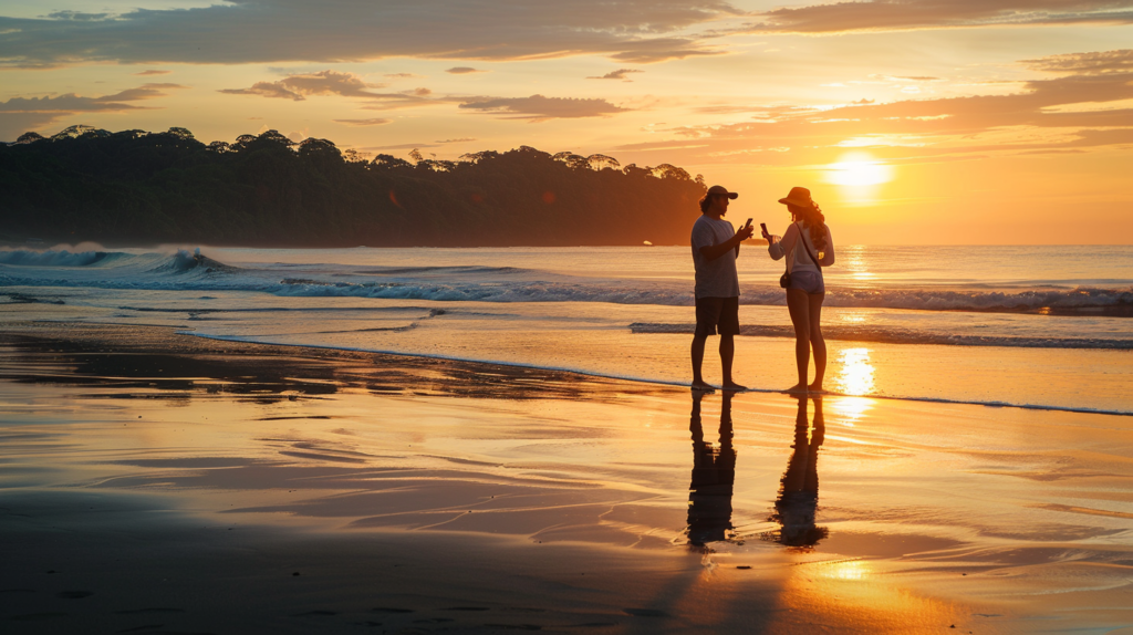 A couple on a Costa Rican beach uses their phone to check personalized AI recommendations for restaurants, highlighting how recommendations for trips using AI can tailor romantic getaways.