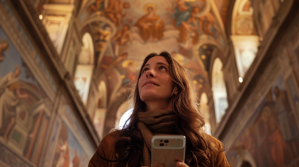 An art historian reviews AI trip planner recommendations while exploring Renaissance frescoes in Urbino, Italy, demonstrating the personalized cultural itineraries enabled by AI trip planners.