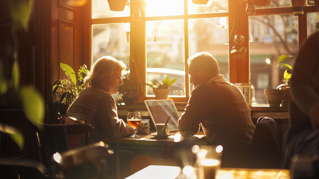 Couple planning their next journey using AI-generated destination recommendations on a tablet in a cozy café.