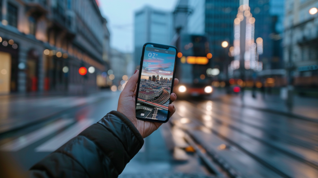 Traveler exploring personalized destination recommendations via an AI-powered app, with global landmarks in the background.