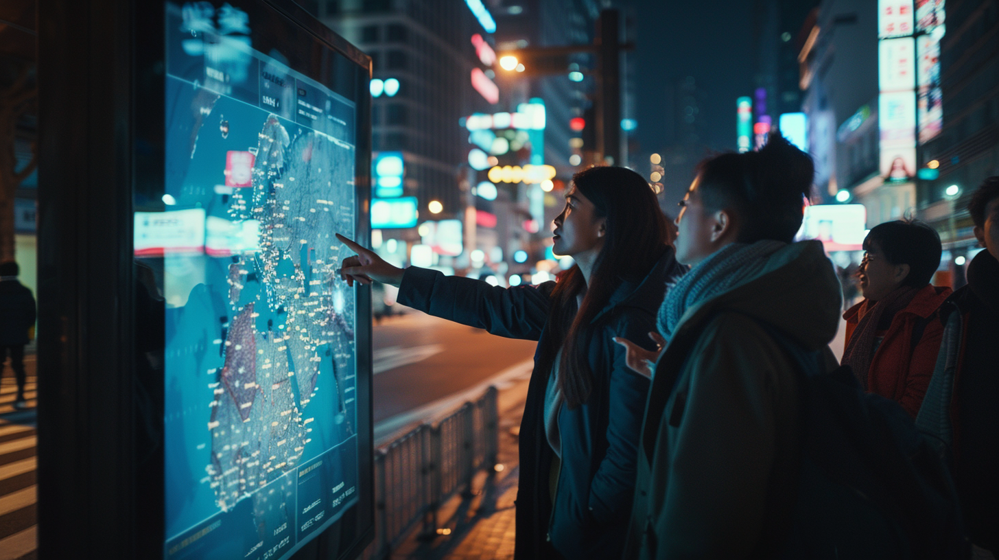 Travelers using AI-powered map for destination recommendations, discussing future trips in a modern city setting.