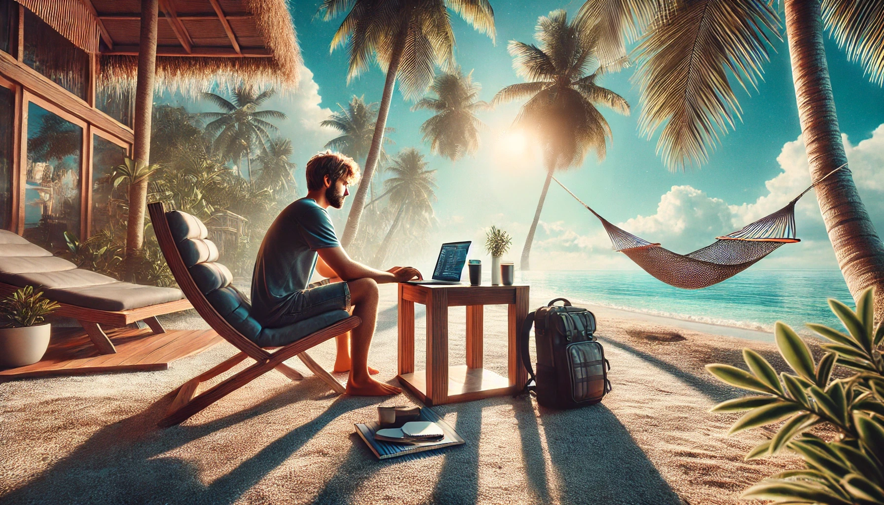 Digital nomad working on a laptop by the beach with a hammock tied between palm trees.