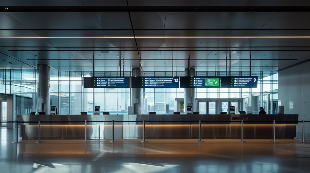 Minimalist airport check-in counter displaying an AI chatbot screen assisting with check-in reminders, showcasing the future of travel.