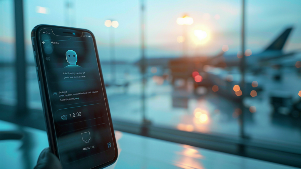 Smartphone screen with an AI chatbot check-in reminder, capturing the integration of AI agents in airport settings.