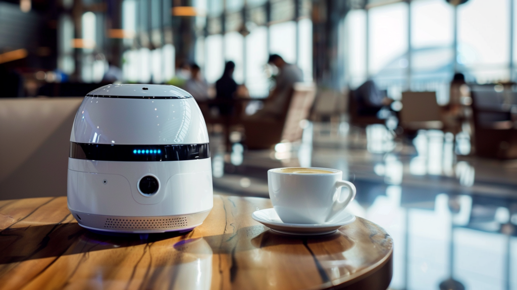 Business travelers use an AI chatbot for last-minute updates at an airport café, emphasizing chatbot check-in reminders and personalized travel assistance.