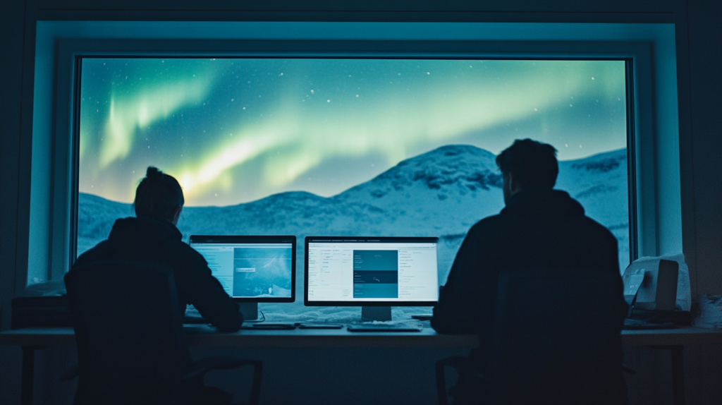 A minimalist image showing a travel advisor and client discussing an itinerary with AI travel tools on the desk, while the Northern Lights illuminate a snow-covered Scandinavian landscape outside.