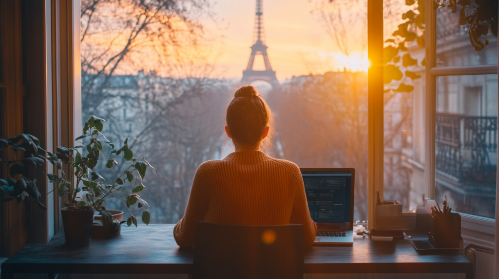 A travel advisor and a traveler using AI technology in a cozy office with a view of the Eiffel Tower, representing the primary keyword Travel AI.