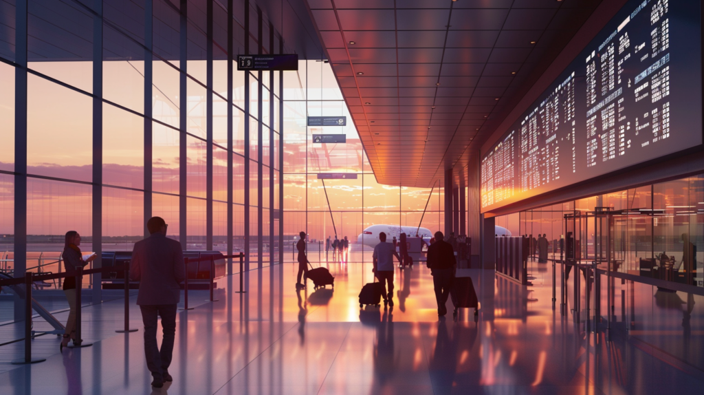 Passengers receive real-time boarding updates from an AI-powered chatbot at an airport terminal, showcasing the future of travel with seamless integration of technology.
