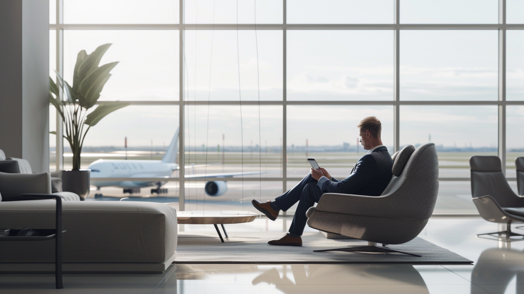 A traveler in a modern airport lounge receives a chatbot check-in reminder, highlighting the convenience and efficiency of AI technology in the air travel industry.