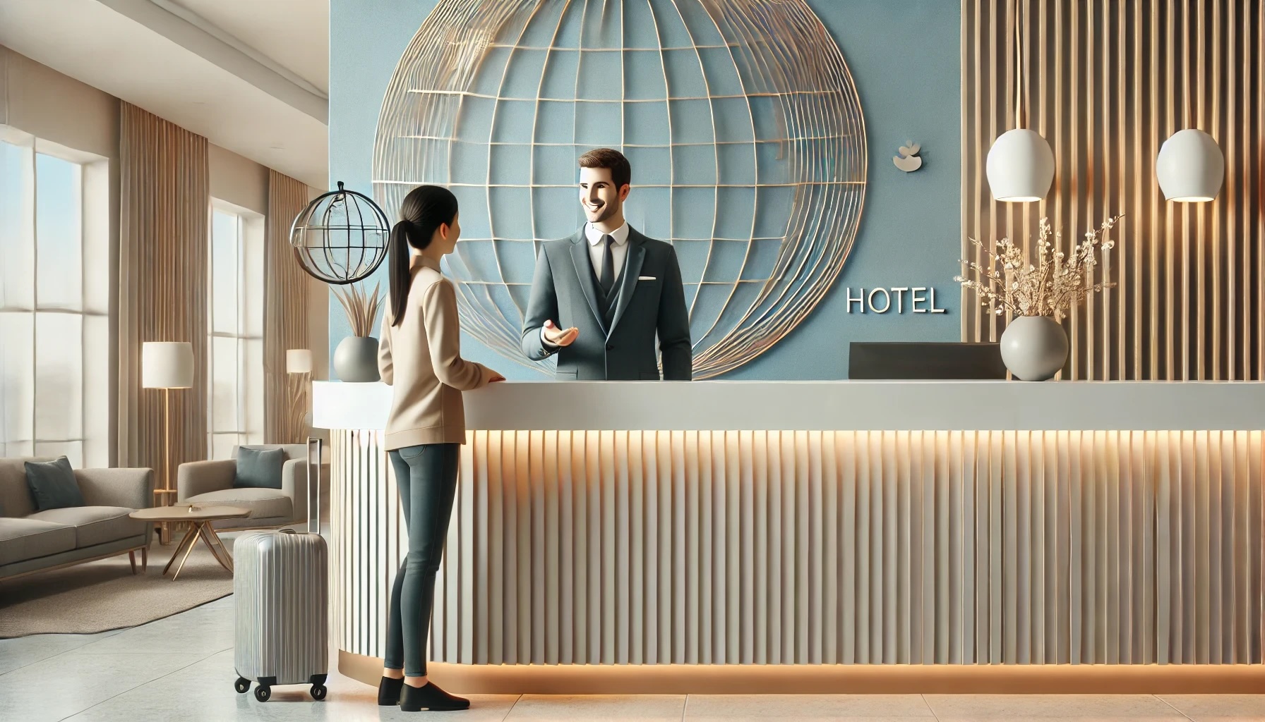 A modern, contemporary lobby with a friendly staff member behind a sleek reception desk, warmly interacting with a smiling guest. The space features soft blue, light gray, and gold tones, with minimal décor including indoor plants and a stylized globe, creating an inviting and professional atmosphere.