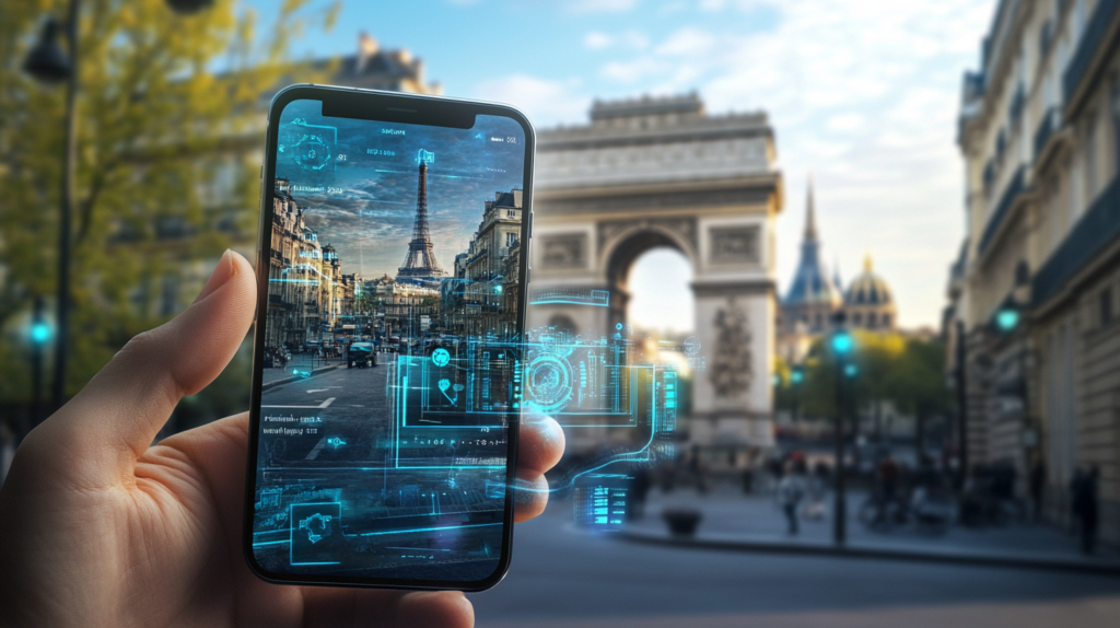 AI-powered travel guide interface on a phone in front of the Arc de Triomphe, with augmented reality enhancing tourist experiences.
