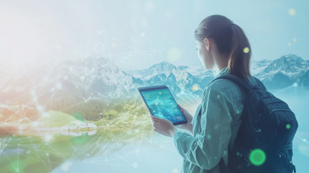 Traveler holding a tablet displaying travel data in a picturesque mountainous landscape, showcasing the integration of AI for travel planning.