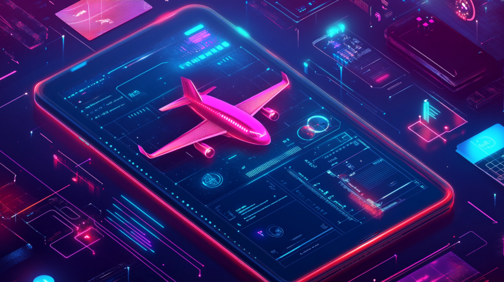 Futuristic digital scene featuring a smartphone with an AI-powered flight booking system and neon holographic interface elements.