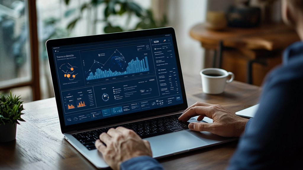 Traveler interacting with an AI-powered travel insurance platform on a laptop, displaying real-time data and coverage recommendations