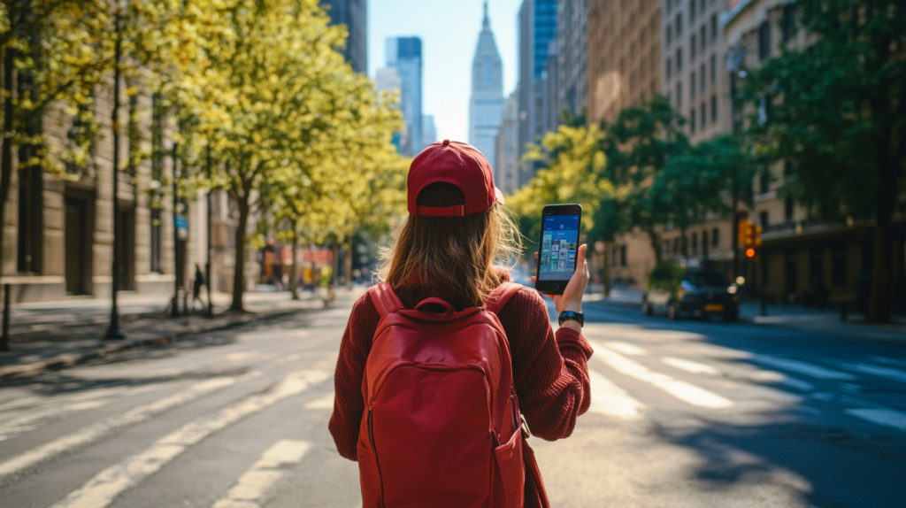 Traveler using a mobile phone for personalized city tour navigation on a scenic urban street with trees and buildings.
