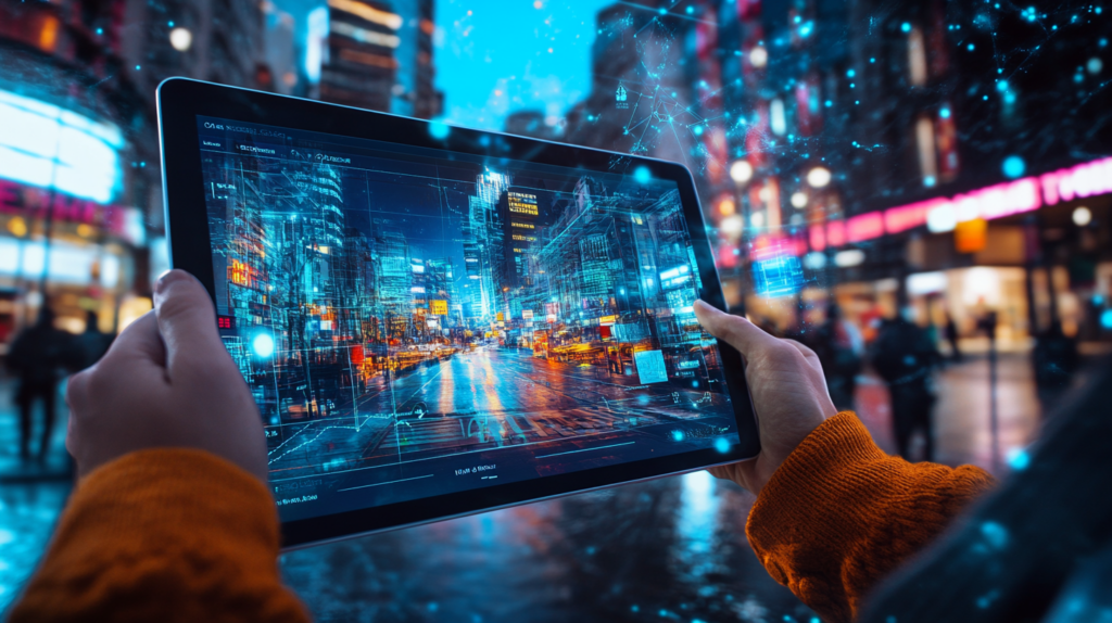 AI-powered city tour guide displayed on a tablet, enhancing real-world travel experiences with augmented reality.