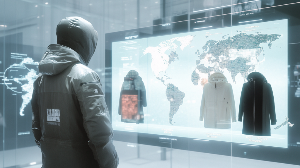 A person in a hooded jacket interacts with a futuristic digital screen displaying a global map and AI-powered clothing recommendations for different regions.