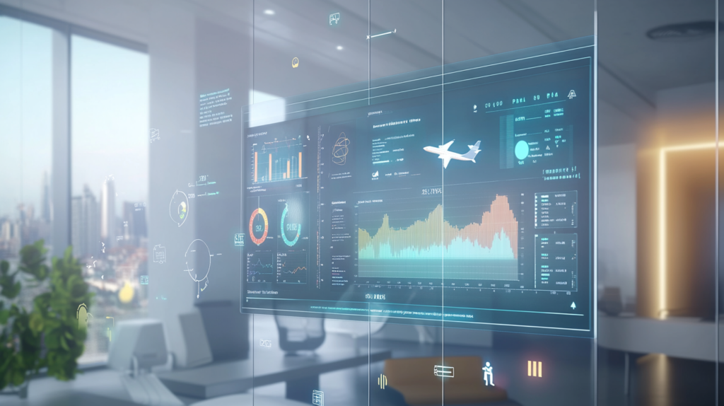 Transparent smart glass screen displaying real-time flight analytics and travel data in a modern office with a city skyline in the background.