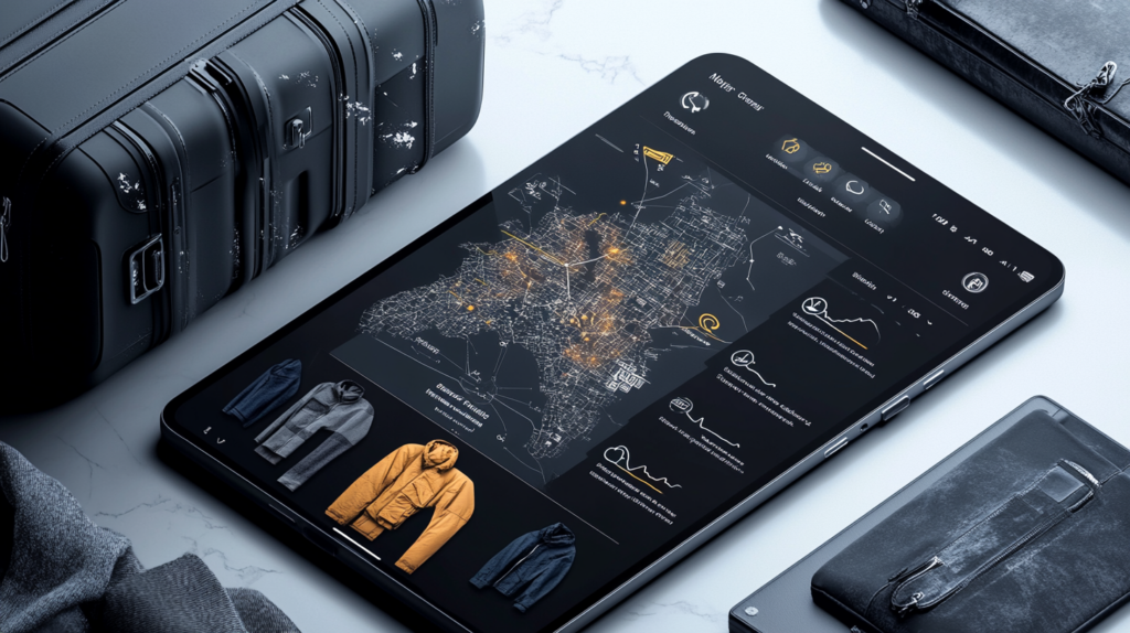 Tablet showing a digital travel map with AI-based clothing suggestions, surrounded by travel luggage and accessories on a white marble surface.